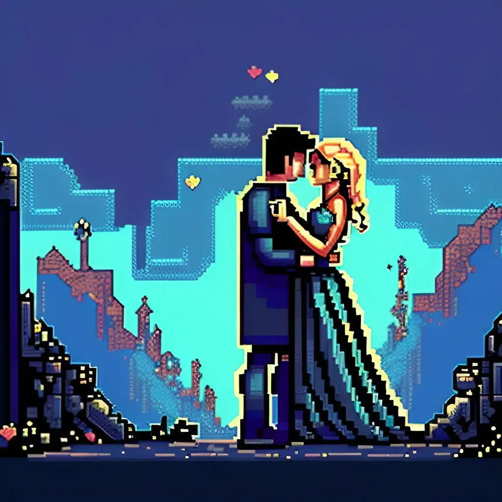 Prompt: pixel art, Romantic, brunette man and blonde woman, kissing, in love, dark colours, dark clothing, holding each other, destroyed world behind them, pixel art, microsoft pixel, digital painting, smooth, pixelated, art by Brooke Shaden, concept art, Octane render, 8k, trending on artstation, city ruins, dystopian, ruins