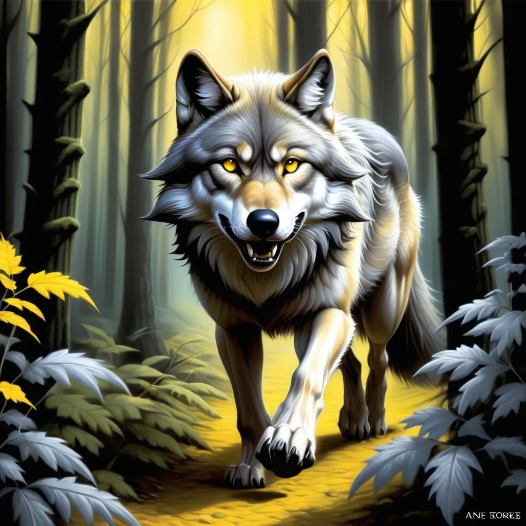 Prompt: a wolf walking through a forest with bright yellow eyes and a trail leading to it's prey,, Anne Stokes, furry art, official art, concept art