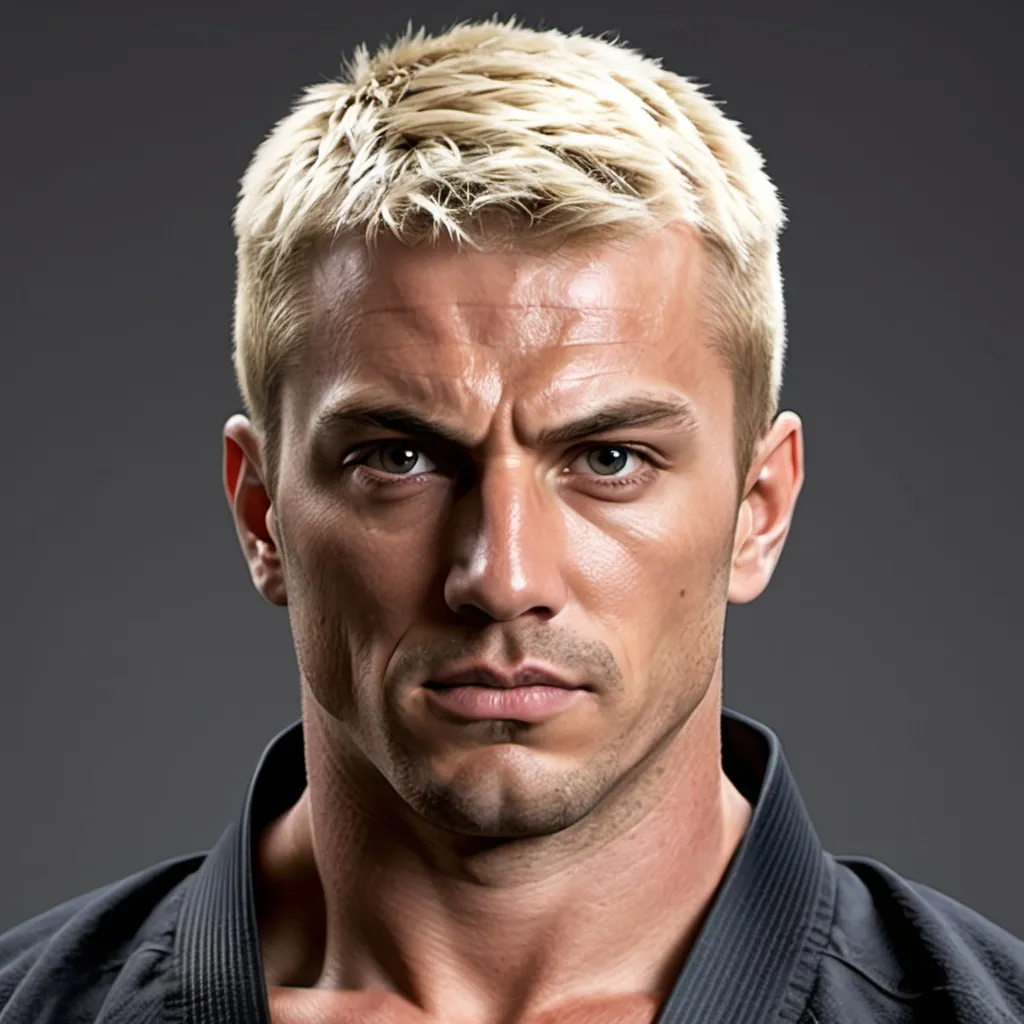 Prompt: generate an image of this man as a very muscular black belt jujitsu fighter with very short cropped blonde hair