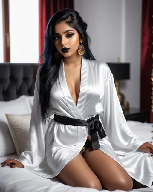 Prompt: photo of a young 16-year-old goth indian girl. white silk robe. on bed.gothic makeup.  tongue. very attractive. high detail realistic. thick thighs,  full body shot, professional photo. Studio lighting, backlit, realistic lighting. hdr uhd 8k ultra-realistic render,  very high detail skin, beautiful face, 