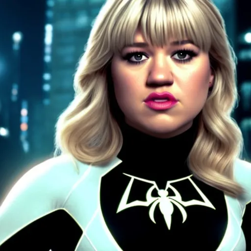 Prompt: Kelly clarkson as spider gwen with blonde hair bangs 90s 