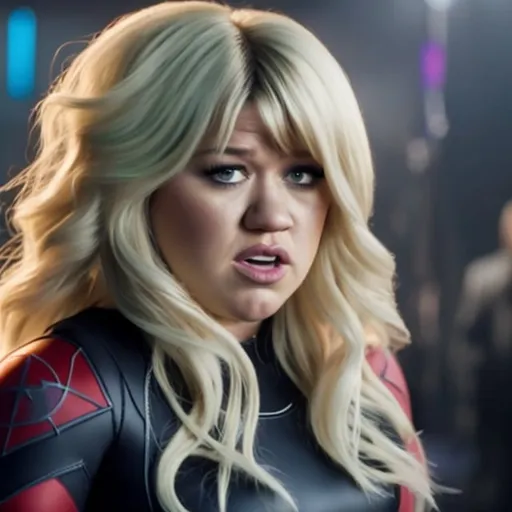 Prompt: Kelly clarkson as spider gwen with blonde hair bangs fighting demons