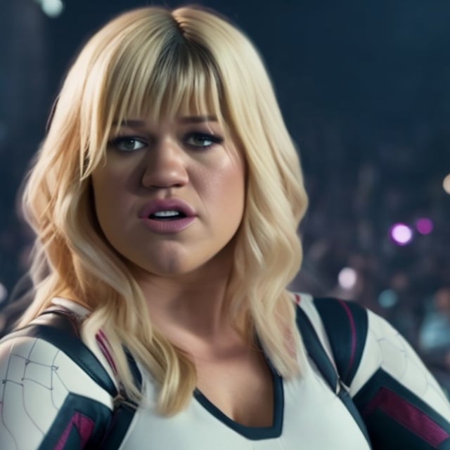 Prompt: Kelly clarkson as spider gwen with blonde hair bangs fighting demons