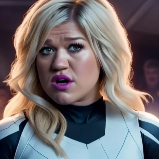 Prompt: Kelly clarkson as spider gwen with blonde hair bangs fighting demons