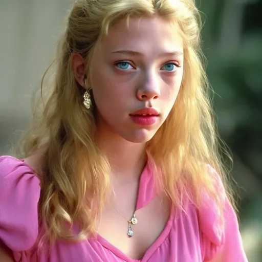 Prompt: Young scarlet johanson  as hot princess    blonde straight  hair   wearing pink dress 90s