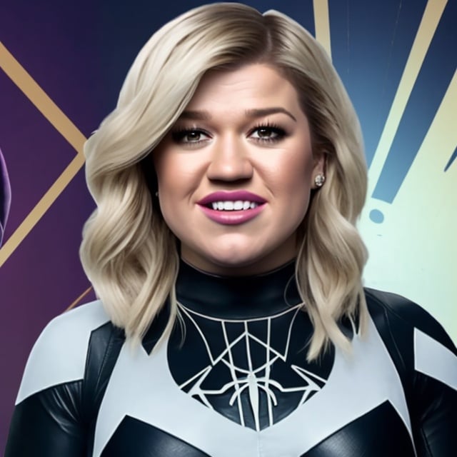 Prompt: Kelly clarkson as spider gwen with blonde hair bangs fighting demons