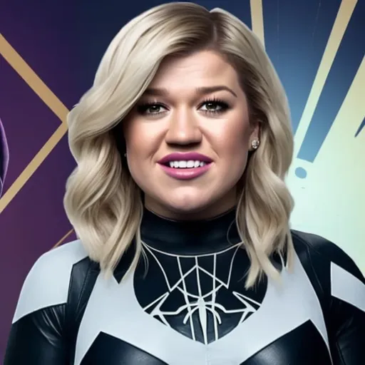 Prompt: Kelly clarkson as spider gwen with blonde hair bangs fighting demons