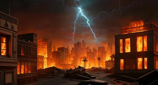 Prompt: The sky should remain the same, cartoon style. The buildings need to be pseudo realistic. Add fire to the buildings. The fire should be hyper-realistic.
