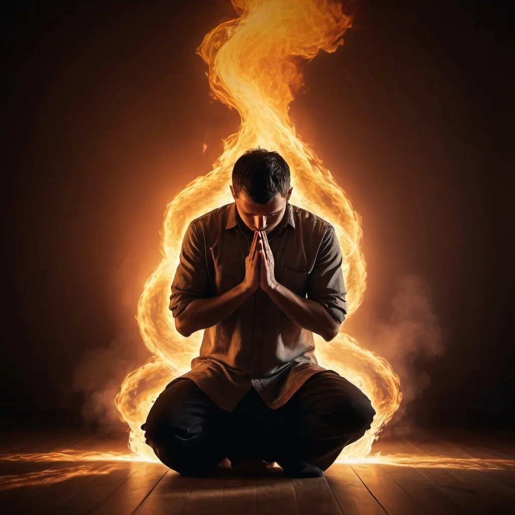 Prompt: a Man on his kneel praying and form energy like fire is all over his body