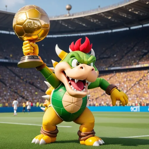 Prompt: (Bowser Junior) stands joyously holding the prestigious soccer Ballon d'Or trophy, a wide beaming smile on his face, set against a jubilant stadium backdrop. In contrast, Kylian Mbappé is pictured in distress, tears streaming down his face, encapsulating the bittersweet moment. Vibrant colors, intense emotions, upbeat atmosphere, ultra-detailed 4K quality, showcases the delightful fusion of gaming and sports.