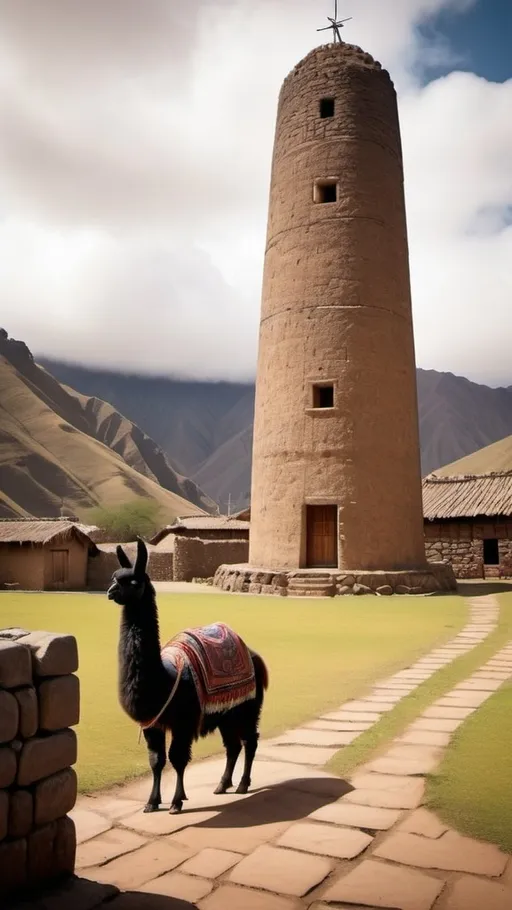 Prompt: A round tower, 60ft tall, 30ft wide, topped by a sturdy wooden spire. Style of masonry is Inca polygonal stonemasonry. A Peruvian peasant with a llama stand nearby, with square Inca style houses in the background.