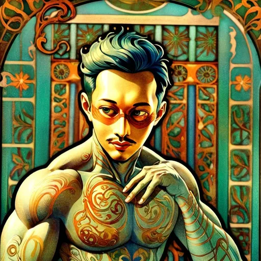 Prompt: Alphonse Mucha Style, art nouveau illustration of a full body man, thick lines, intricate details, beautiful colors