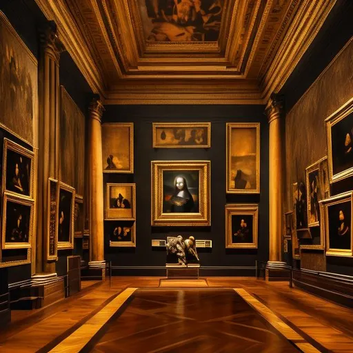 Prompt: Museum hall at night, Mona Lisa, oil painting, detailed architecture, classical art, high quality, realistic, Renaissance, dramatic lighting, grandeur, ornate frames, dimly lit, historical, intense gaze, elegant atmosphere, museum setting, rich colors, intricate details, majestic, prestigious, historical masterpiece
