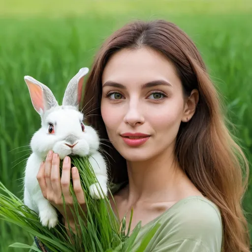 Prompt: Pretty woman with a rabbit face, hold grass in hand and eat grass