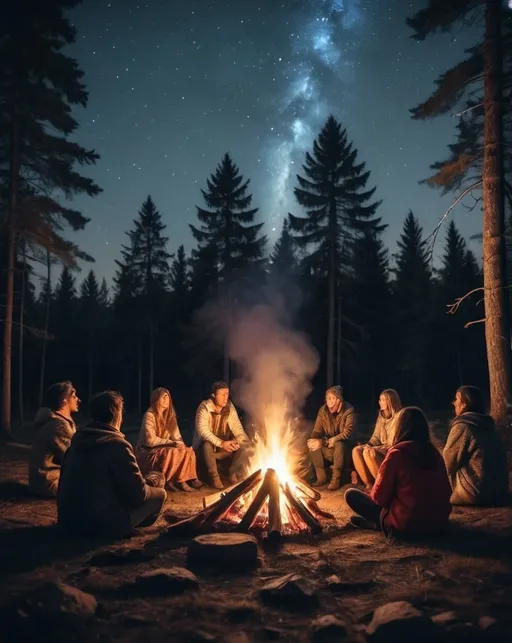 Prompt: bonfire, white light coming from the sky, starry sky, forest around, people sitting around the fire with xamanic clothes