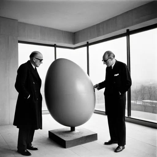 Prompt: Le Corbusier hiting easter egg with mies van de rohe