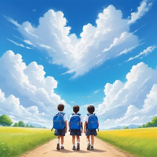Prompt: Graphic) Deep and bright blue sky, 95% of the image is covered by the sky,  very small children with small colored backpacks seen from behind,  creating a happy and lively atmosphere.  Feeling calm and excited when going to school