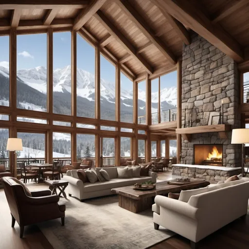 Prompt: Prompt: "Generate a digital image of a luxury mountain lodge with a grand wooden facade, expansive balconies, and panoramic glass windows offering stunning views of snow-capped peaks. The interior should showcase elegant decor with plush seating around a double-sided fireplace, a grand piano, and an open dining area."
