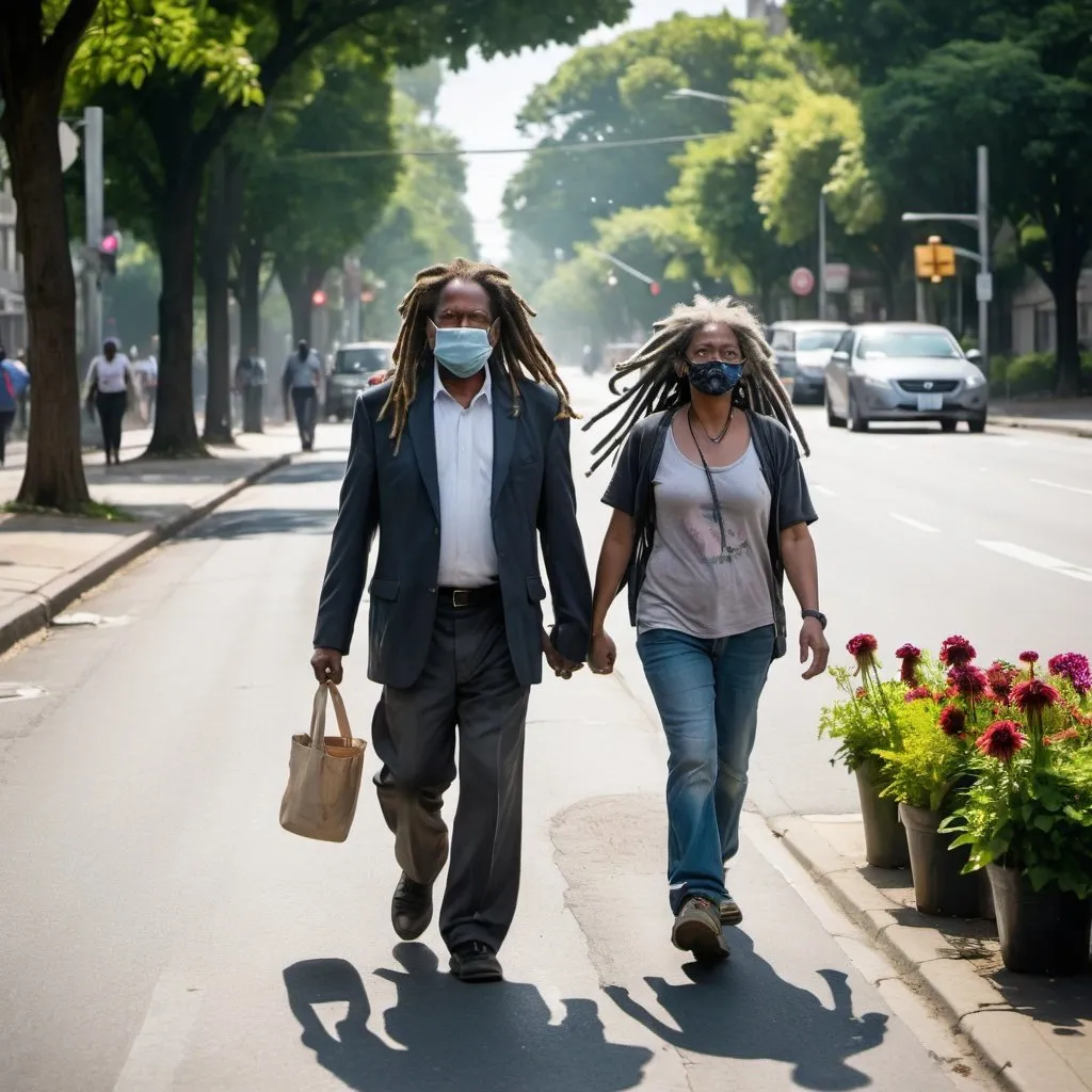 Prompt:  a 47-year-old man with dreadlocks walking on one side of the street in the morning, and Lady Justice walking in the other side of the street here background is trees and flowers.