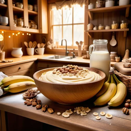 Prompt: A cozy, whimsical bakery kitchen filled with warm golden light and colorful decorations. A large wooden mixing bowl sits at the center of the rustic wooden countertop, filled with mashed bananas, creamy milk, golden maple syrup, and crunchy munchy nuts. The ingredients swirl together with a soft magical glow, tiny sparkles floating above as if infused with enchantment. A wooden spoon stirs the mixture on its own, levitating slightly as the magic works.

The kitchen shelves are neatly lined with glass jars filled with sugar, flour, cinnamon, and sprinkles. A rolling pin and a dusting of flour are scattered on the counter, hinting at an ongoing baking session. A small chalkboard recipe card labeled ‘Muffin Max’s Marvelous Muffins’ leans against a jar. A large window lets in golden morning sunlight, casting a warm, inviting glow over the space. The walls feature pastel-colored tiles, and hanging herbs add a touch of homely charm. The entire scene exudes warmth, creativity, and a sprinkle of magic as the ingredients come together to create something marvelous