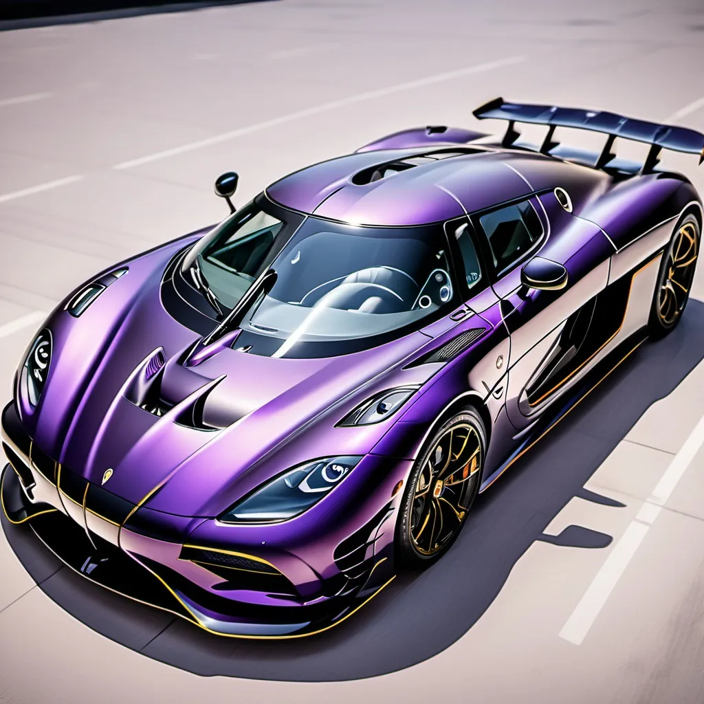 Prompt: dark purple car inspired by the agera rs with big spoiler and big side vents