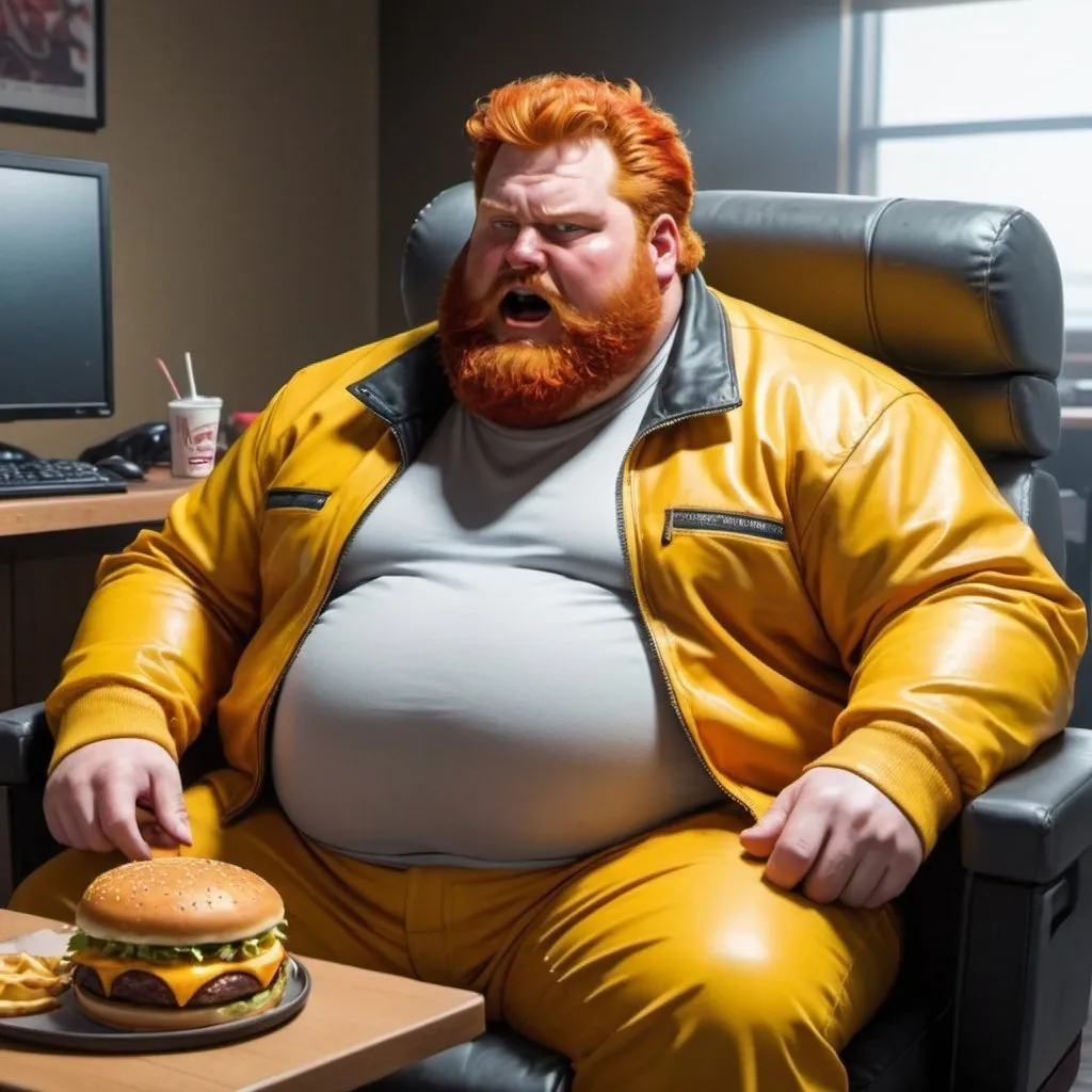 Prompt: A fat Man named caseoh eating a cheese Burger that has 26,000 cal and he is redheaded and has a redhead beard Head and is in a gaming chair with a gaming set up The yellow jacket Annie gets mad because a bunch of people are hating on him