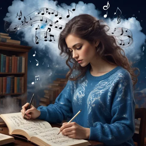 Prompt: beautiful women writing in a bleu shinning cloud, medium hair, dressing a bleu sweater, many books flouting around her, many music notes, flouting around her, music notes,  detailed matte painting, deep color, mystical, intricate detail, splash, beautiful, masterpiece.