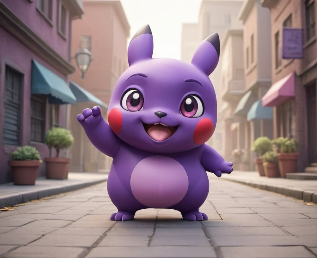 Prompt: Create a 3D cartoon character that is not human and has a slightly chubby body, similar to a Pokémon. The character should have a smooth purple color and texture, with integrated facial features and no ears. No background is needed; focus solely on the character.
