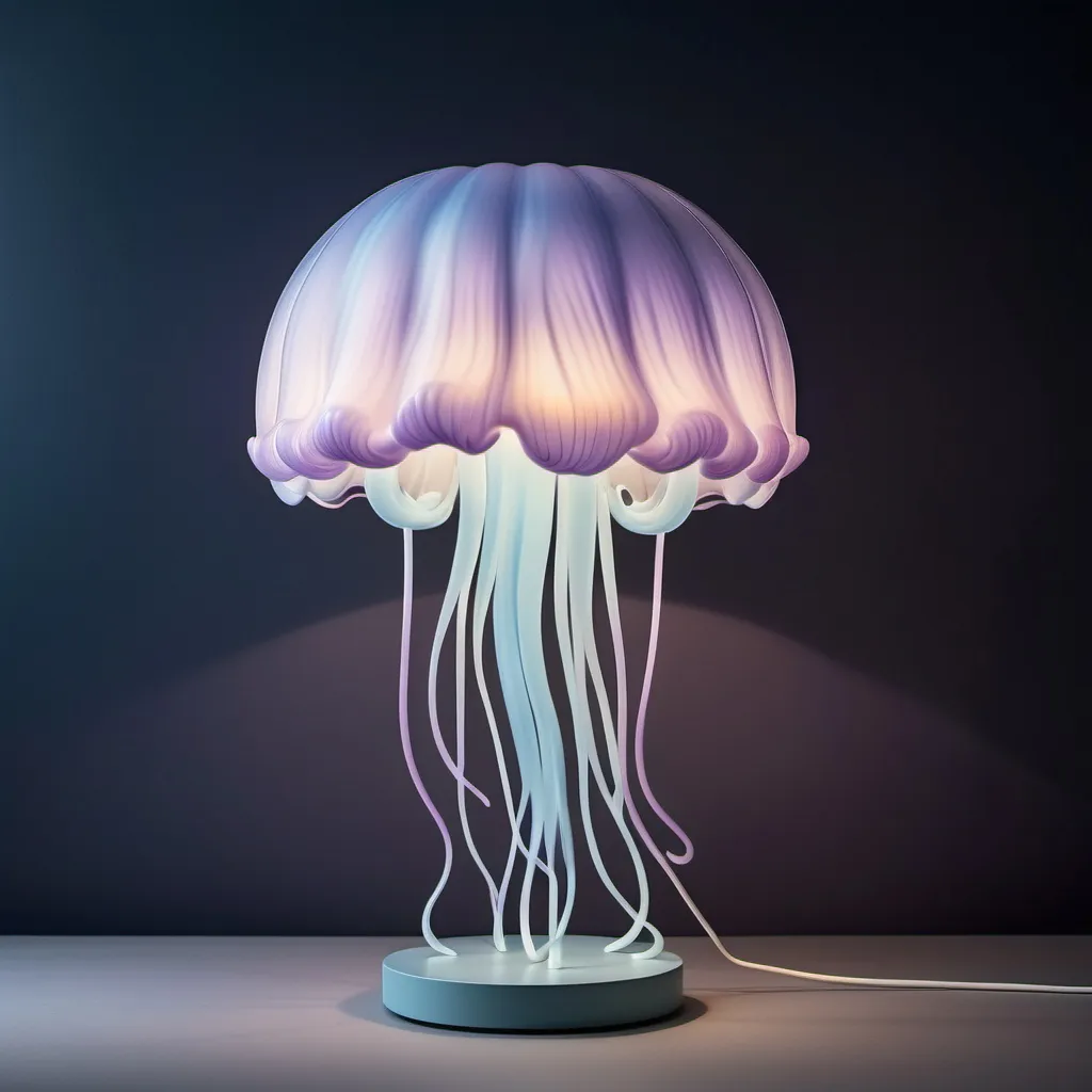 Prompt: A lamp with a jellyfish-inspired design, in pastel tones with hints of blue and lilac. The lamp emits a soft glow, with diffused shadows creating a calm, ethereal ambiance. Dark background to accentuate the soft lighting effect.