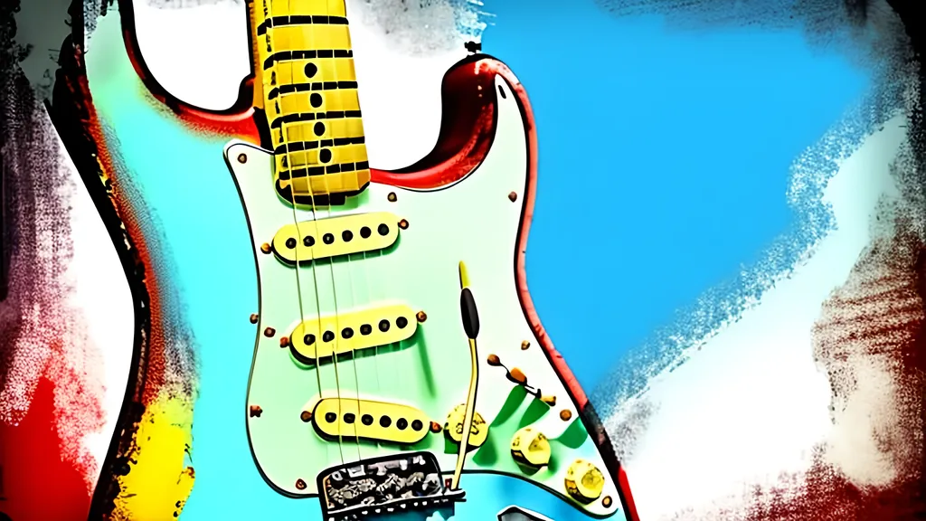 Prompt: An artistic picture in the style of a color sketch. The content is of a Fender Stratocaster electric guitar with a mix of milky white and  red and an old style. There is a Fender logo on the headstock. The background of the picture is sky blue and has a certain layering.