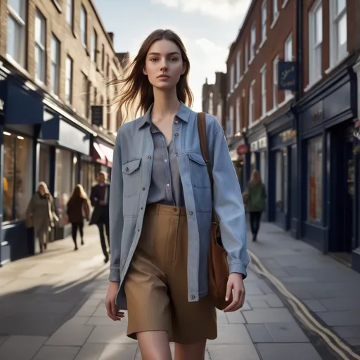 Prompt: Tall young woman walking down the high street, detailed clothing, realistic, https://suno.com/s/YfrhpJn6pSN4BYOw lighting