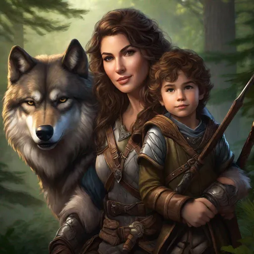 Prompt: Portrait of a female human ranger with her young male child, mother and son, pet wolf, gray wolf, fantasy, curly brown hair, forest background, DnD style, leather armor, brown eyes, detailed facial features, DnD, high quality, detailed hair, realistic lighting, professional, atmospheric lighting