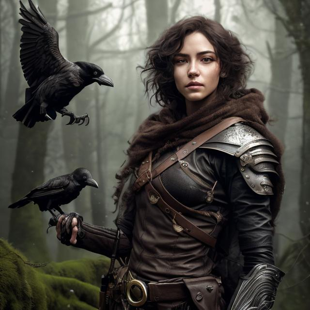 Prompt: Photorealistic picture of a female human ranger with a crow familiar, medium build, curly brown hair, flock of crows in background, leather armor, brown eyes, detailed facial features, modest, DnD, high quality, forest setting, detailed hair, realistic lighting, professional, atmospheric lighting