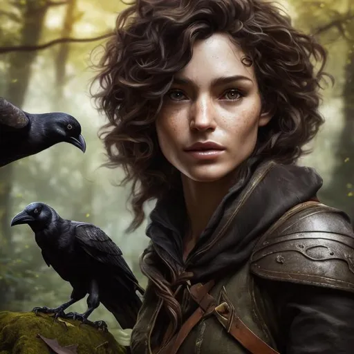 Prompt: Photorealistic portrait of a woman human ranger with a crow familiar, very curly hair, flat chest, slight smile, DnD, high quality, detailed facial features, detailed eyes, realistic lighting, professional, detailed hair, forest setting, summer leaves, forest scene, detailed foliage, crow familiar, realistic, DnD style, summer colors, detailed shadows, realistic portrait