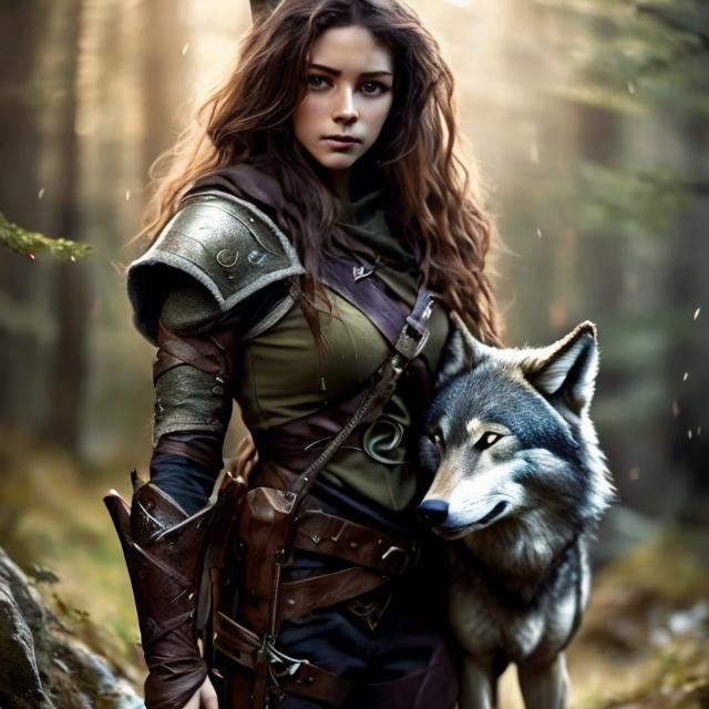 Prompt: Photorealistic picture of a woman human ranger with a wolf familiar, medium build, curly light brown hair, leather armor, hazel eyes, detailed facial features, DnD, fantasy, lotr, high quality, forest setting, detailed hair, realistic lighting, professional, atmospheric lighting