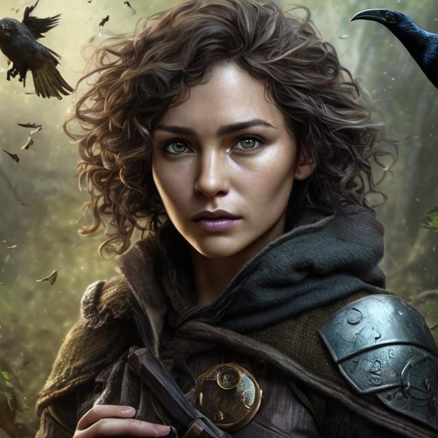 Prompt: Photorealistic portrait of a woman human ranger with a crow familiar, very curly hair, slight smile, round face, DnD, high quality, detailed facial features, detailed eyes, realistic lighting, professional, detailed hair, forest setting, green leaves, detailed foliage, crow familiar, realistic, DnD style, detailed light, realistic portrait, morning light