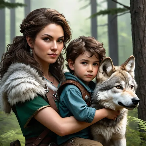 Prompt: Portrait of a female human ranger with her young male child and a pet wolf, mother and son, gray wolf, fantasy, curly brown hair, forest background, very detailed, realistic, UHD, D&D, DnD, fantasy, style of dnd