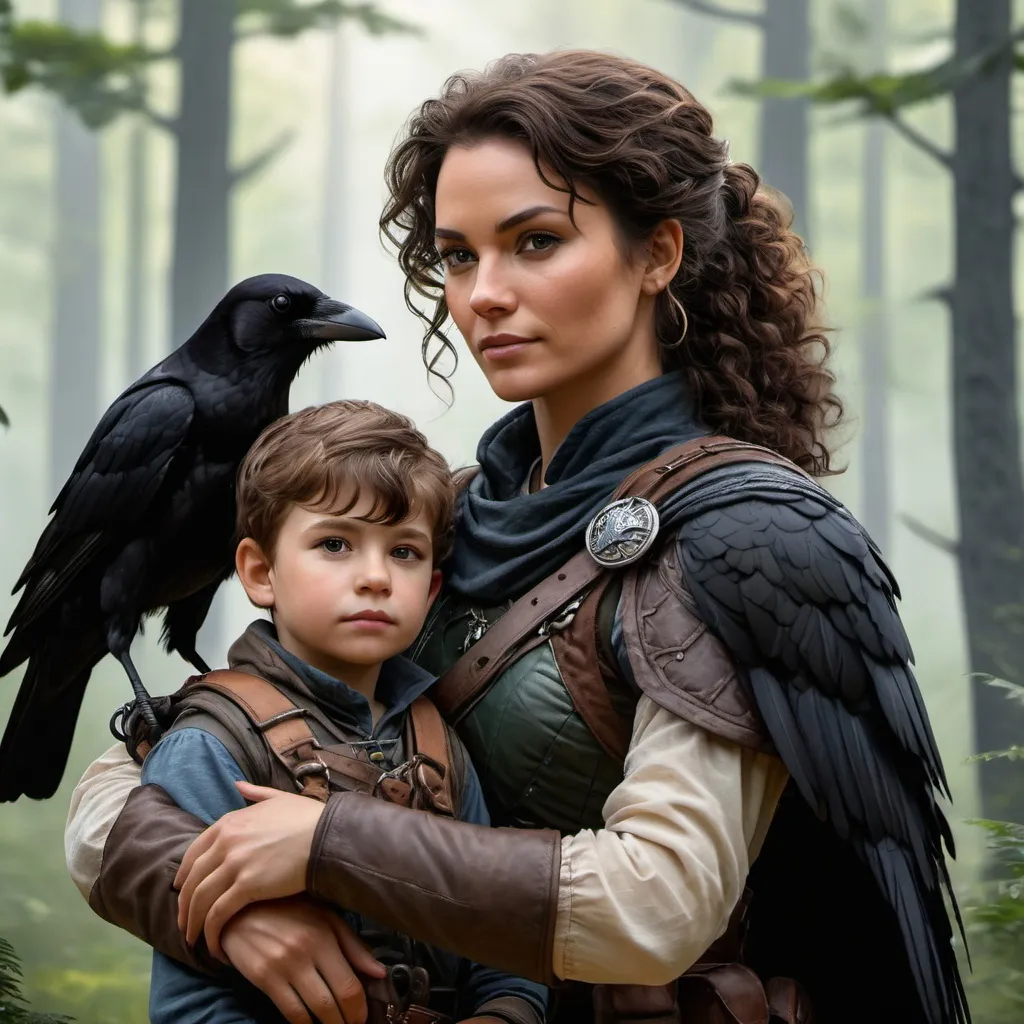 Prompt: Portrait of a female human ranger with her young male child and a pet crow, mother and son, raven, fantasy, curly brown hair, forest background, very detailed, realistic, UHD, D&D, DnD, fantasy, style of dnd