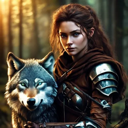 Prompt: Photorealistic picture of a female human ranger with a wolf familiar, medium build, curly auburn hair, spring forest, leather armor, hazel eyes, detailed facial features, DnD, fantasy, lotr, high quality, forest setting, detailed hair, realistic lighting, professional, atmospheric lighting