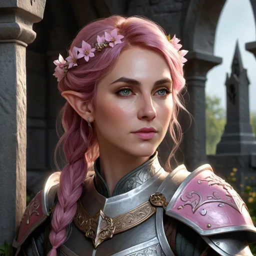 Prompt: Photorealistic portrait of a female elf cleric in her thirties, pink wavy hair, small flowers in hair, heavy armor, graveyard setting, crypt setting, atmospheric light, DnD, DnD style, high quality, detailed hair, realistic lighting, professional, detailed facial features, detailed coloring, high resolution, realistic rendering, detailed hands, Persephone, subtle ears