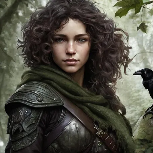 Prompt: Photorealistic portrait of a woman human ranger with a crow familiar, very curly hair, slight smile, DnD, high quality, detailed facial features, detailed eyes, realistic lighting, professional, detailed hair, forest setting, green leaves, forest scene, detailed foliage, crow familiar, realistic, DnD style, summer colors, detailed shadows, realistic portrait