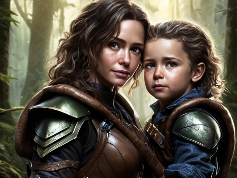 Prompt: Photorealistic portrait of a female human ranger with young son, curly hair, forest background, leather armor, brown eyes, brown hair, detailed facial features, DnD, high quality, forest setting, detailed hair, realistic lighting, emotional connection, mother and child, professional, atmospheric lighting