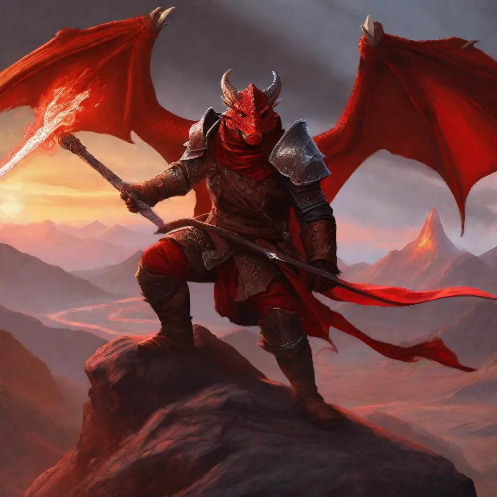 Prompt: digital painting, dnd character a red dragonborn rogue, very detailed, realistic, UHD, D&D, DnD, fantasy, style of dnd, by Todd Lockwood, volcano setting