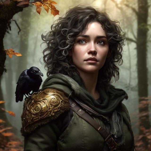 Prompt: Photorealistic depiction of a woman human ranger with a crow familiar, very curly hair with tight curls, fat, DnD, high quality, forest setting, autumn leaves, golden hour, detailed hair, realistic lighting, professional, realistic, detailed facial features, detailed eyes, realistic style, forest scene, crow familiar, detailed coloring, detailed foliage, high resolution, autumnal colors, realistic rendering, slight smile, happy