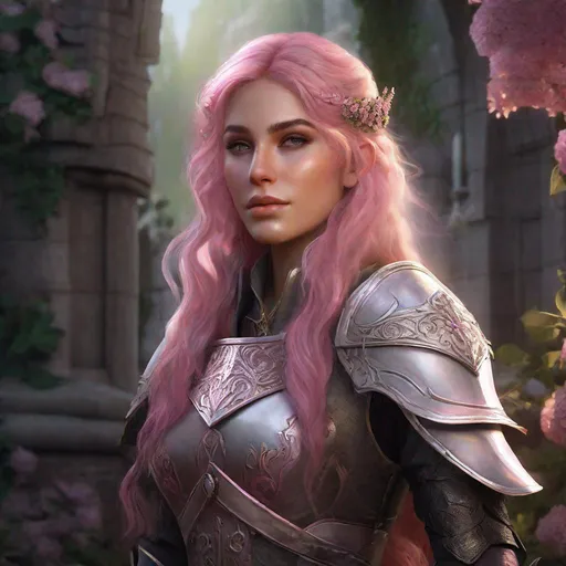 Prompt: Portrait of a female elf cleric, pink wavy hair, small flowers in hair, heavy armor, graveyard setting, crypt setting, atmospheric light, DnD, DnD style, high quality, detailed hair, realistic lighting, professional, detailed facial features, detailed coloring, high resolution, realistic rendering, slight smile, detailed hands, Persephone 