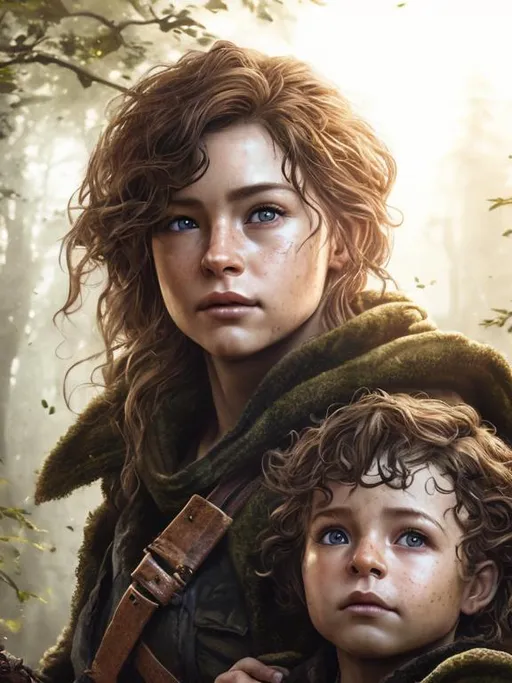 Prompt: Photorealistic portrait of a female human ranger with her young male child, curly brown hair, forest background, leather armor, brown eyes, detailed facial features, DnD, high quality, forest setting, detailed hair, realistic lighting, emotional connection, mother and child, professional, atmospheric lighting