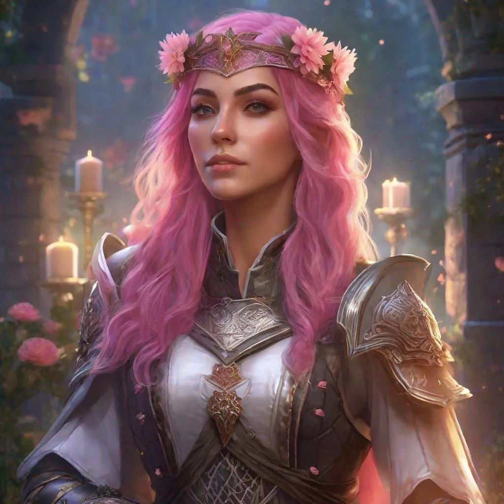 Prompt: Portrait of a female elf cleric, pink hair, flower crown, heavy armor, graveyard setting, atmospheric light, DnD, DnD style, high quality, detailed hair, realistic lighting, professional, detailed facial features, detailed coloring, high resolution, realistic rendering, slight smile, detailed hands, Persephone 