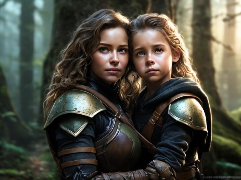 Prompt: Photorealistic portrait of a female human ranger with young son, curly hair, forest background, leather armor, brown eyes, brown hair, detailed facial features, DnD, high quality, forest setting, detailed hair, realistic lighting, emotional connection, mother and child, professional, atmospheric lighting