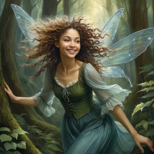 Prompt: digital painting of a faerie flying in a forest, very curly hair, magical, modest clothing, DnD, DnD style, high quality, enchanted forest setting, detailed hair, detailed facial features, detailed coloring, high resolution, slight smile, detailed hands, flat chest, by brian froud