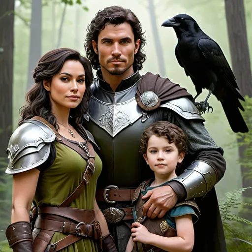 Prompt: Portrait of a ranger family, tall male ranger in his thirties with dark brown hair and olive skin, female human ranger in her thirties with pale skin and curly hair, young male child with medium skin tone and a pet crow, kind, family portrait, loving family, leather armor, fantasy, forest background, very detailed, realistic, UHD, D&D, DnD, fantasy, style of dnd